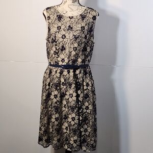 LOFT Navy and Cream Floral Lace Midi Dress